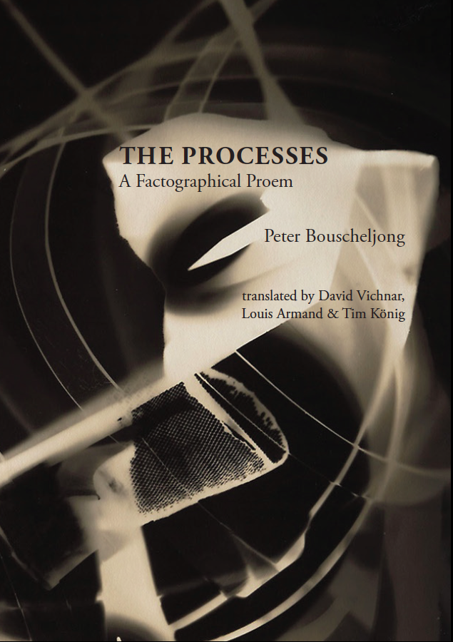 Front cover of a pamphlet with a background of abstract swirls of dark and light in a sepia tone. Written on the cover is, "THE PROCESSES: A Factographical Proem | Peter Bouscheljong | translated by David Vichnar, Louis Armand & Tim König